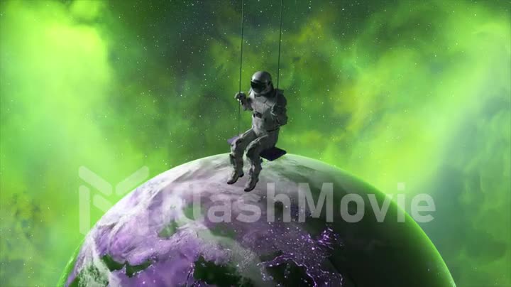 Space concept. Astronaut Swinging. Green neon clouds in the background. Cosmonaut isolated silhouette. 3d animation