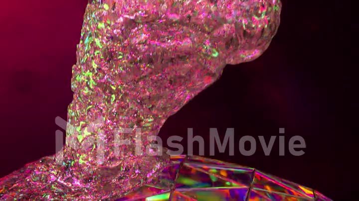 The diamond brain crumbles and spreads over the diamond sphere. Pink neon color. Liquid diamond. 3d animation