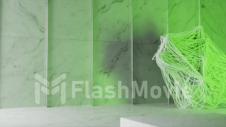 Abstract concept. A figure of white threads walks along a white marble wall. Tied with ropes. Green neon color.