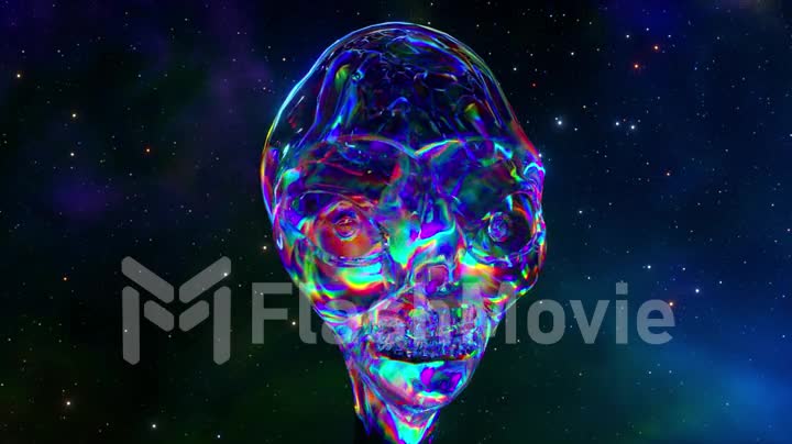 The diamond turns into the head of an alien. Space abstract background. Blue neon color. 3d animation of a seamless loop