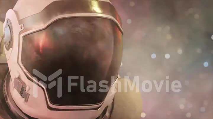Astronaut in space. Astronaut helmet close up. Universe and outer space in the background. 3d animation of seamless loop