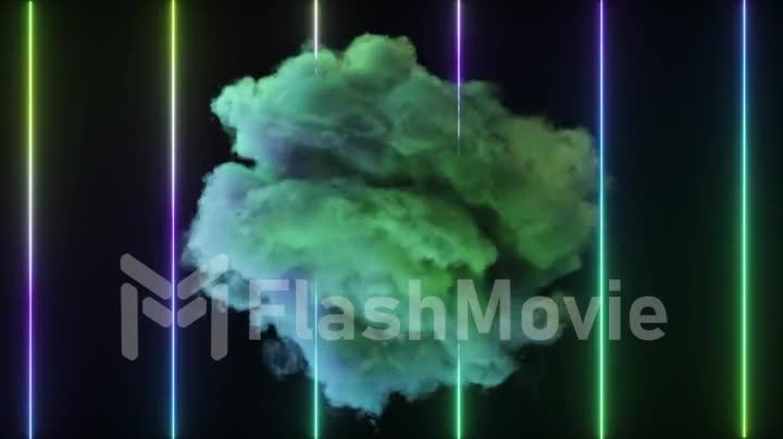 Bright mystical cloud rotates against the background of neon vertical lines. Smoke. Fantastic design. Blue green color