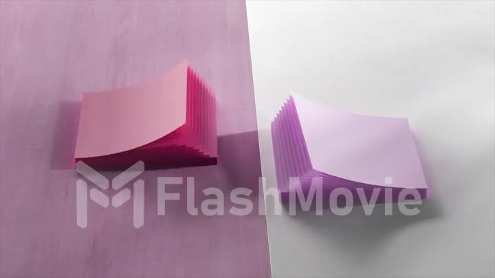 Top view of stacks of office stickers. Stationery. Adhesive colored paper. Open and close like a fan. Pink purple color