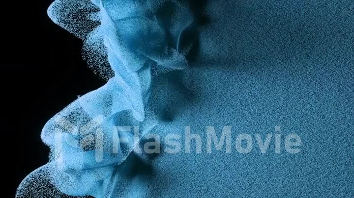 Blue particles fly on a black background. The wind blows away colored sand. Powder. Spray. Texture. 3d animation