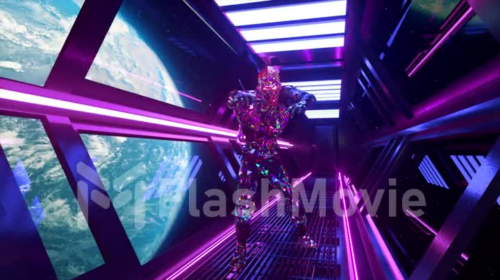 Space horror concept. Diamond Zombie walks through the neon corridor of the spaceship. Planet Earth in the background.