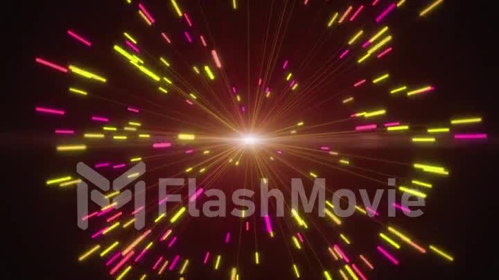 Abstract explosions of digital neon fireworks in a yellow and purple retro color