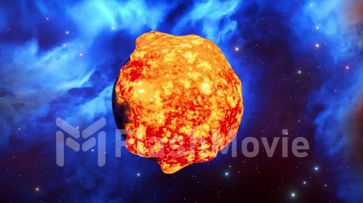 Hot liquid lava engulfs the planet. Fireball on the background of space. Science fiction. Gas giant. 3d animation.