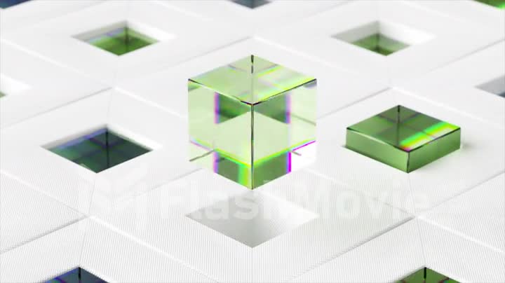 Abstract concept. Multi-colored glass cubes emerge from square cells on a white glossy surface. 3d animation
