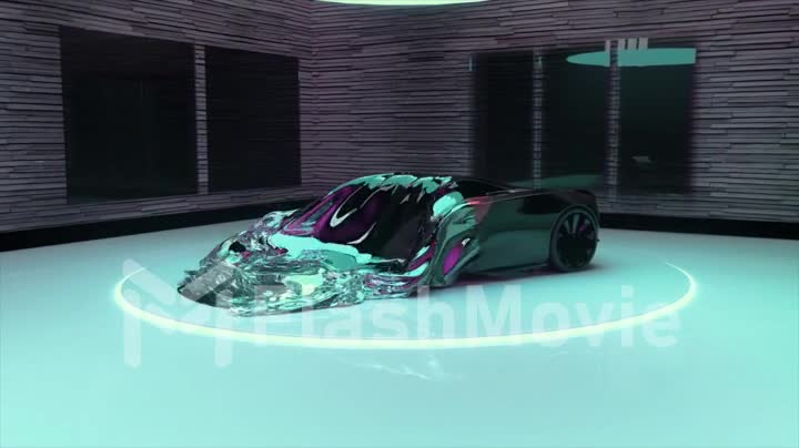Abstract concept. The sports car turns into a brilliant-colored fabric. Liquid diamond. Transformation. Glossy surface.