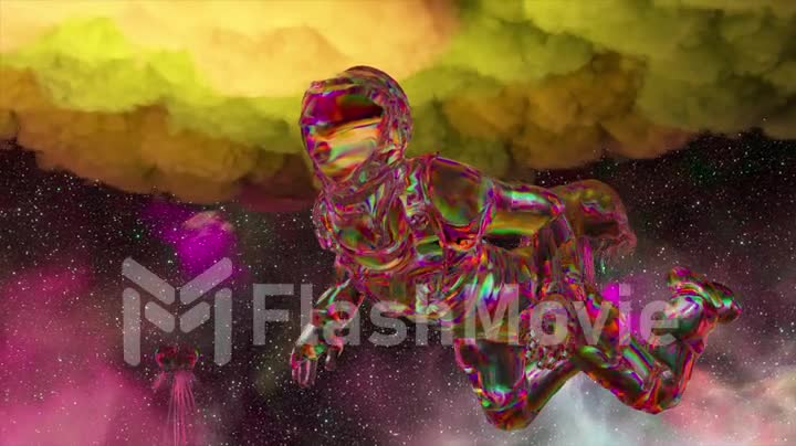 An astronaut in a pink diamond suit floats against the backdrop of space. Big green cloud from above. Diamond jellyfish