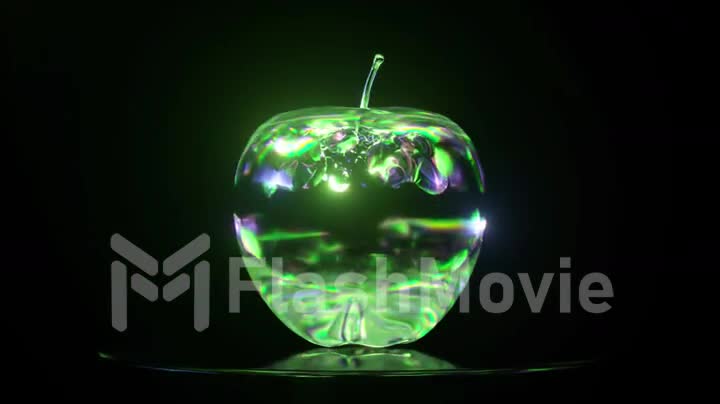Abstract concept. Liquid mirror transparent substance takes the form of an apple. Green neon color. 3d animation