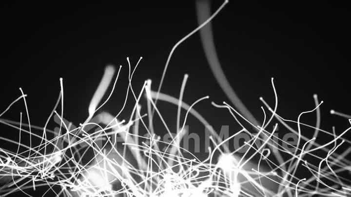 Seamless abstract rotation of curved lines of fiber-optic wires and particles around the camera