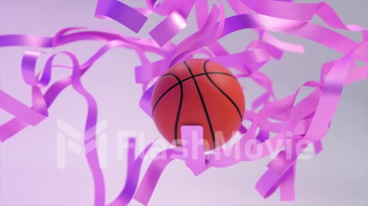 Abstract concept. Cluster of purple ribbons. A basketball flies through the ribbons. Slow motion. Close-up. 3d animation