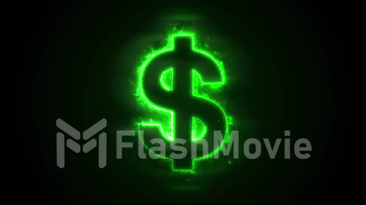 Seamless animation of burning a dollar on a black background with a green flame