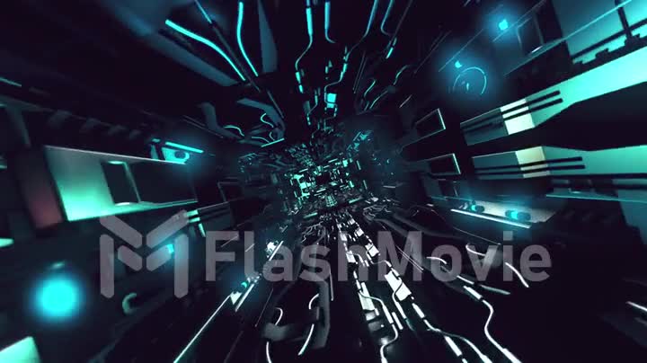 Fly inside of futuristic metallic corridor