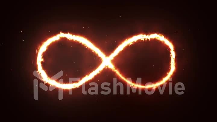 Animation appearance of infinity shape from fire on dark background