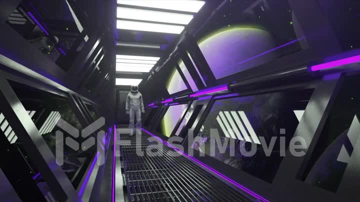Astronaut walks in the tunnel of a spaceship. Sci-Fi futuristic space corridor. Moon orbit. Neon light. 3d animation.