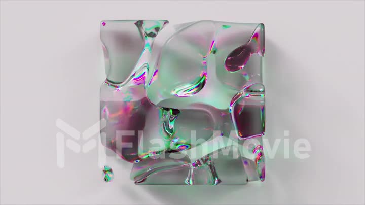 Liquid diamond cube appears and disappears against an abstract background. Rainbow. Matter transformation. 3d animation