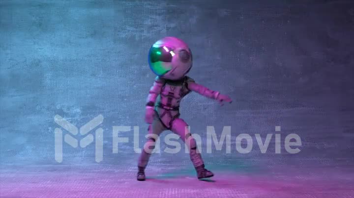 Disco party for an astronaut. Space suit. neon light. Modern dances. Large mirror helmet. 3d animation