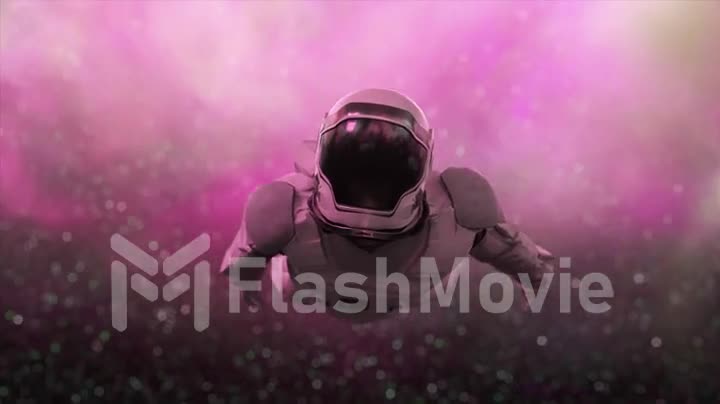 Space concept. Astronaut flies past purple clouds. Space. The clouds revolve around the astronaut. 3D animation