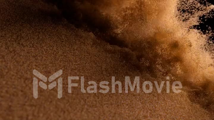 Bronze sand cover blown off on a black isolated background. Airflow. Grains of sand. Slow motion. 3d animation