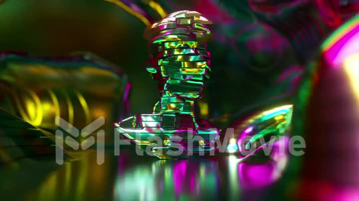 AI concept. Model of a human head with rotating parts in the middle of a metal room. Multicolored metal surface. Rainbow
