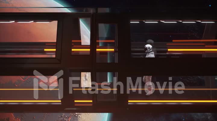 Technology and future concept. Alone astronaut walking in a futuristic sci-fi corridor. Orange neon light. 3d animation