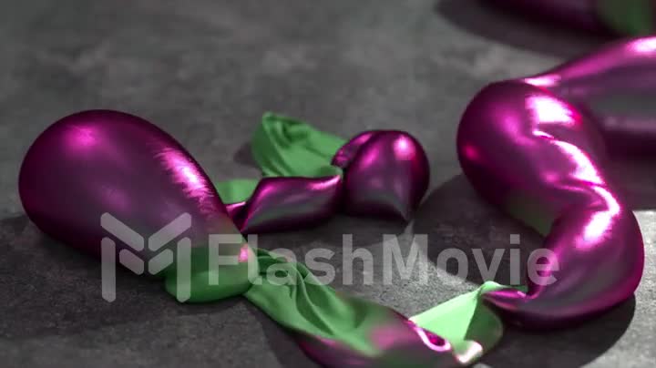 The concept of transformation. Large purple shiny metallic bubbles are inflated from a thin green strip. 3d animation
