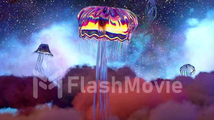 Abstract space concept. Diamond jellyfish swim out of the clouds on a blue pink space background. Starry sky. Fog