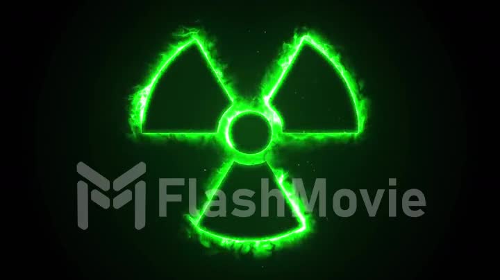 Seamless animation of green fire or flow energy from nuclear and biohazard symbols.