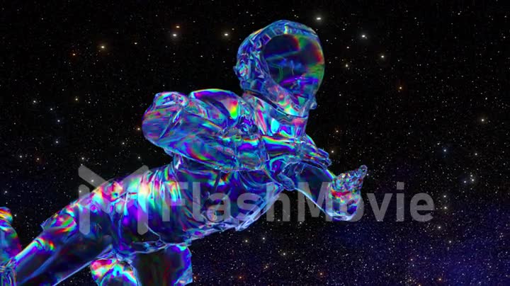 Space concept. An astronaut in a diamond suit floats against the backdrop of the starry sky. Blue neon. 3d animation