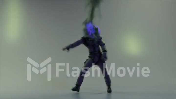 The astronaut dances in a spacesuit and a burning helmet. Purple neon fire. Flashing blue light. 3d animation
