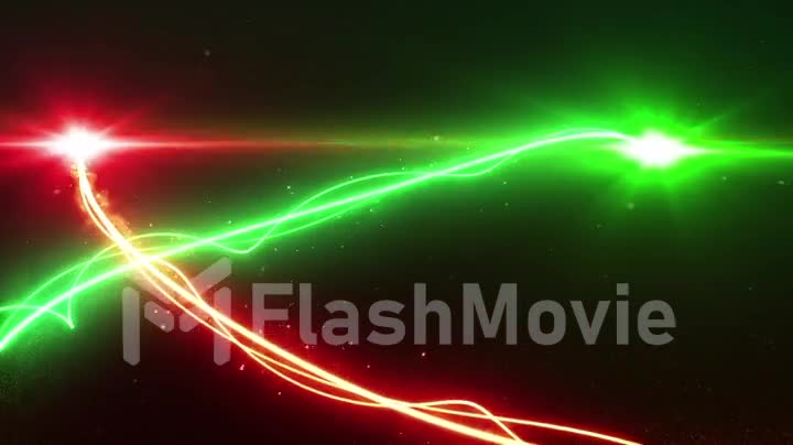 Red and green light streak breaks out on a black background with smoke and light particles
