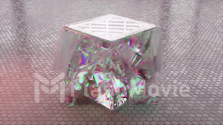 A transparent cube with a living diamond liquid inside stands on a shiny tile. A transparent cloth covers the cube.