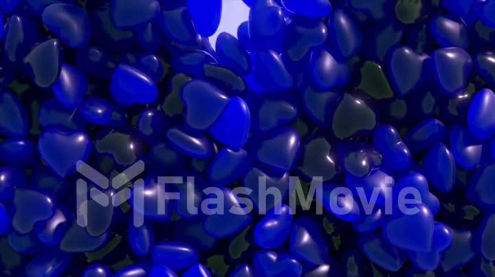 Valentine's Day. A blue neon heart jumps out of a pile of dark blue hearts. Heart shaped gummies. Sweets. 3d animation