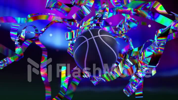 Abstract concept. A basketball flies through shiny diamond ribbons. Slow motion. 3d animation. Neon blue background.
