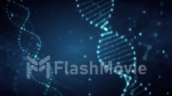 Seamless animation of rotating DNA glowing molecule on blue background