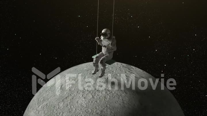 Astronaut swings on a rope swing in the open space. Moon below. Starry sky on background. 3d animation of seamless loop