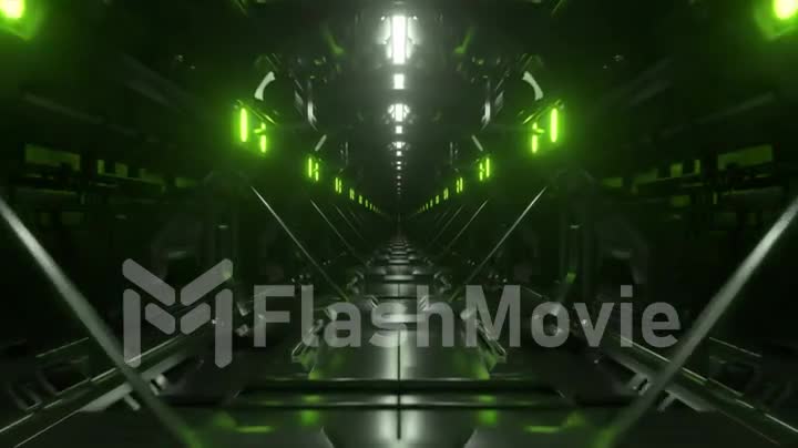 Flying down an endless dark corridor with green neon lighting. Tunnel aboard the spacecraft. 3d animation