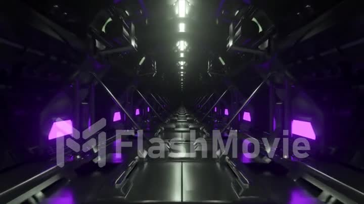 Flying down an endless dark corridor with purple neon lighting. Tunnel aboard the spacecraft. 3d animation