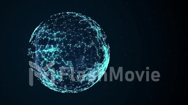 Animated abstract sphere from connected white dots with blue lines and shallow depth of field