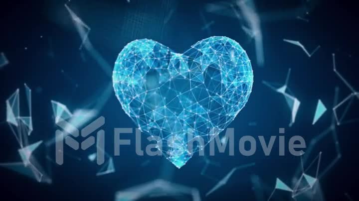 The digital heart icon is formed from particles in a network cloud