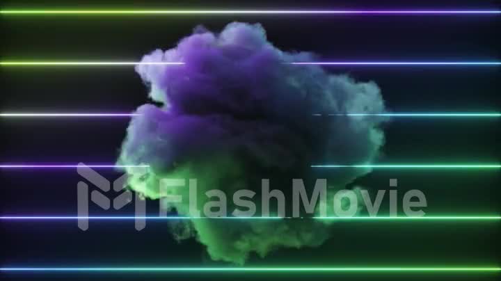 Abstract concept. Green blue cloud rotates against the background of colored neon lines. Gradient. 3d animation