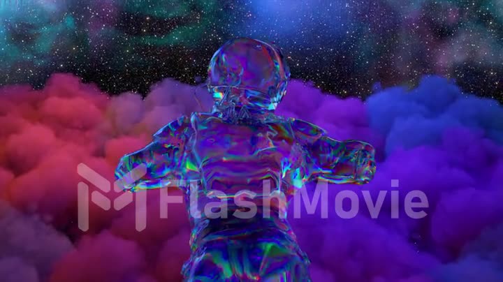 An astronaut floats above a purple blue cloud in outer space. Diamond suit. neon color. Milky Way. 3d animation