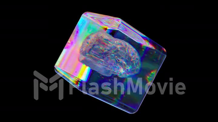 Crystal cube rotates on a Black Isolated Background. Diamond brain inside a transparent cube. Rainbow. 3d animation