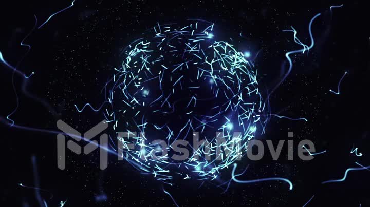 Blue sphere in space with glowing particles. Abstract background. Loop video. Seamless. Beautiful background with particles. Isolated sphere on black background with particles