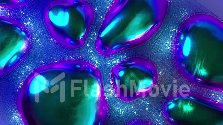 Stream of diamond glowing bubbles. Colored metal objects. Blue purple neon color. Slow motion. Mirror surface.