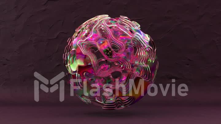 A ball of liquid rainbow substance on an abstract purple pink background. The surface of the ball moves. 3d animation.