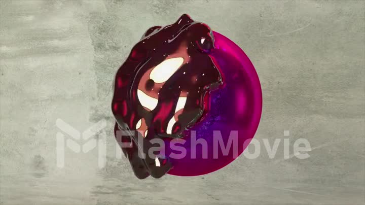 The purple-pink glossy sphere sheds its shell and turns into a transparent liquid object. 3d animation