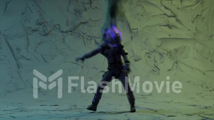 An astronaut with a burning head dances a modern dancing in front of blue illuminated lights. Abstract background.